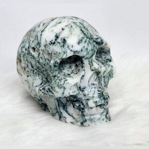 Druzy Moss Agate Skull. Crystal Carving Decor.